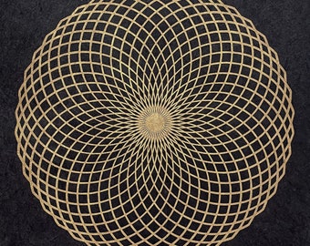 Könnte beinhalten: Ein goldenes geometrisches Design auf schwarzem Hintergrund. Das Design ist ein Kreis mit einer Reihe konzentrischer Kreise und Linien, die vom Zentrum ausstrahlen.