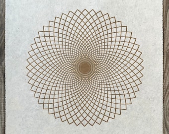 Könnte beinhalten: Ein braunes geometrisches Design auf weißem Hintergrund. Das Design besteht aus einer Reihe konzentrischer Kreise mit einem Spiralmuster.
