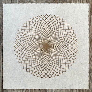 May include: A brown geometric design on a white background. The design is a series of concentric circles with a spiral pattern.