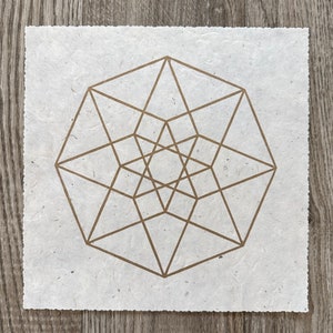 TESSERAKT HYPERCUBE – 22 x 22 cm – Sacred Geometry Linocut – Gold/Natural White