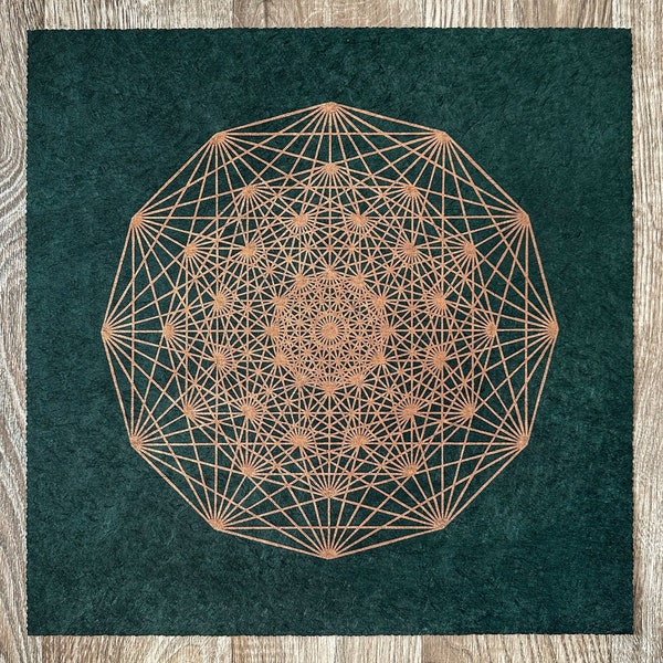DEMIHEPTERAKT – 40 × 40 cm – Sacred Geometry Linocut – Copper/Emerald Green