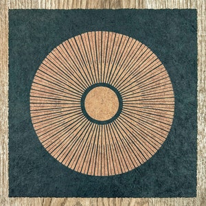 CENTRAL SUN – 22 x 22 cm – Sacred Geometry Linocut – Copper/Forest Green