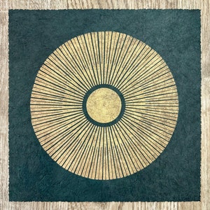 CENTRAL SUN – Sacred Geometry Lino Print – Gold/Forest Green