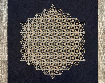 STAR TETRAHEDRON 512 – 40 × 40 cm – Sacred Geometry Linocut – Gold/Black