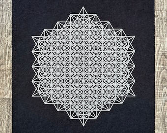 STAR TETRAHEDron 512 – 40 × 40 cm – Linoprint Géométrie Sacrée – Argent/Noir