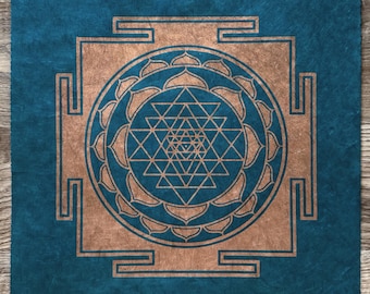 SRI YANTRA – 35x35 cm – Sacred Geometry Linocut Print – Copper on Petrol Blue – Handmade Lokta Paper Wall Art for Meditation