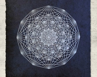 DEMIHEPTERAKT – 40 × 40 cm – Sacred Geometry Linocut – Silver/Dark Blue