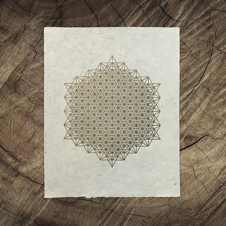 STAR TETRAHEDRON 512 40 50 cm Sacred Geometry Linocut Gold/Hemp-Nature image 1