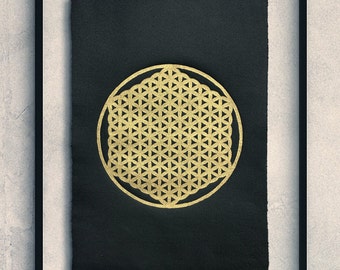 FLOWER OF LIFE lV – Sacred Geometry Linocut Print – Gold/Black