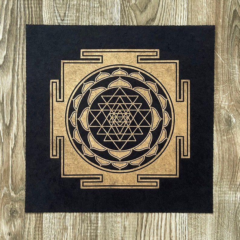 SRI YANTRA 35 35 cm Meditation linocut print Gold/Black image 1