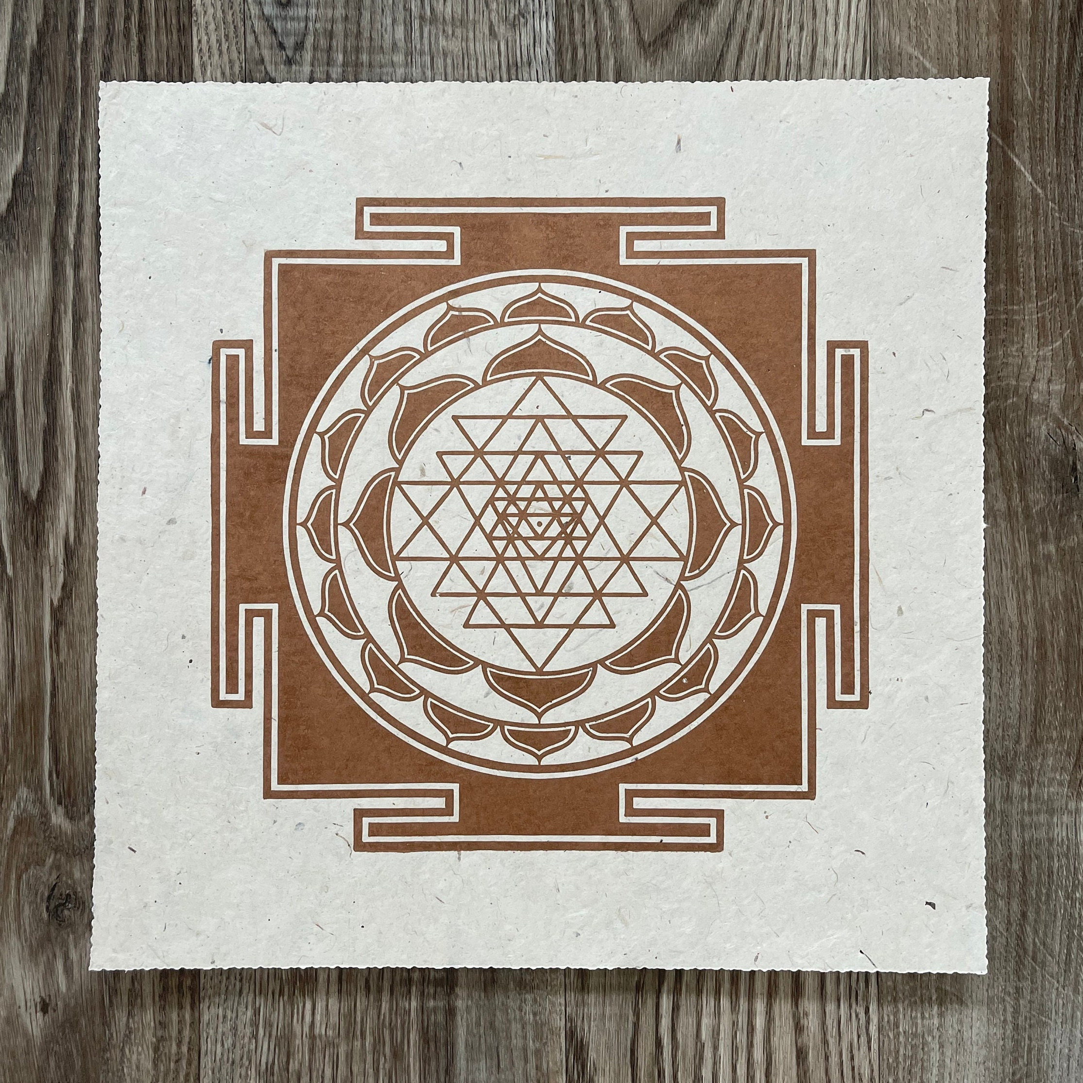SRI YANTRA - 35 × 35 cm - Meditation linocut - Copper/Natural