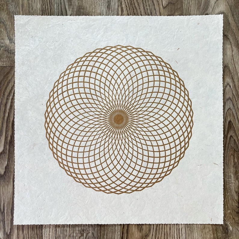 LOTUS OF LIFE 40 40 cm Sacred Geometry Torus Linoprint Gold/Hemp image 1