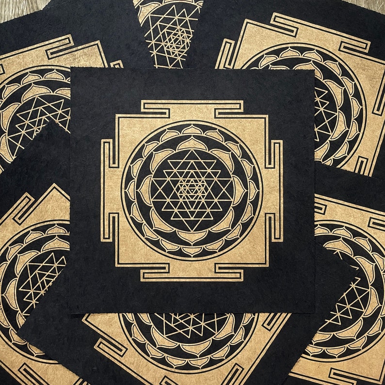 SRI YANTRA 35 35 cm Meditation linocut print Gold/Black image 10