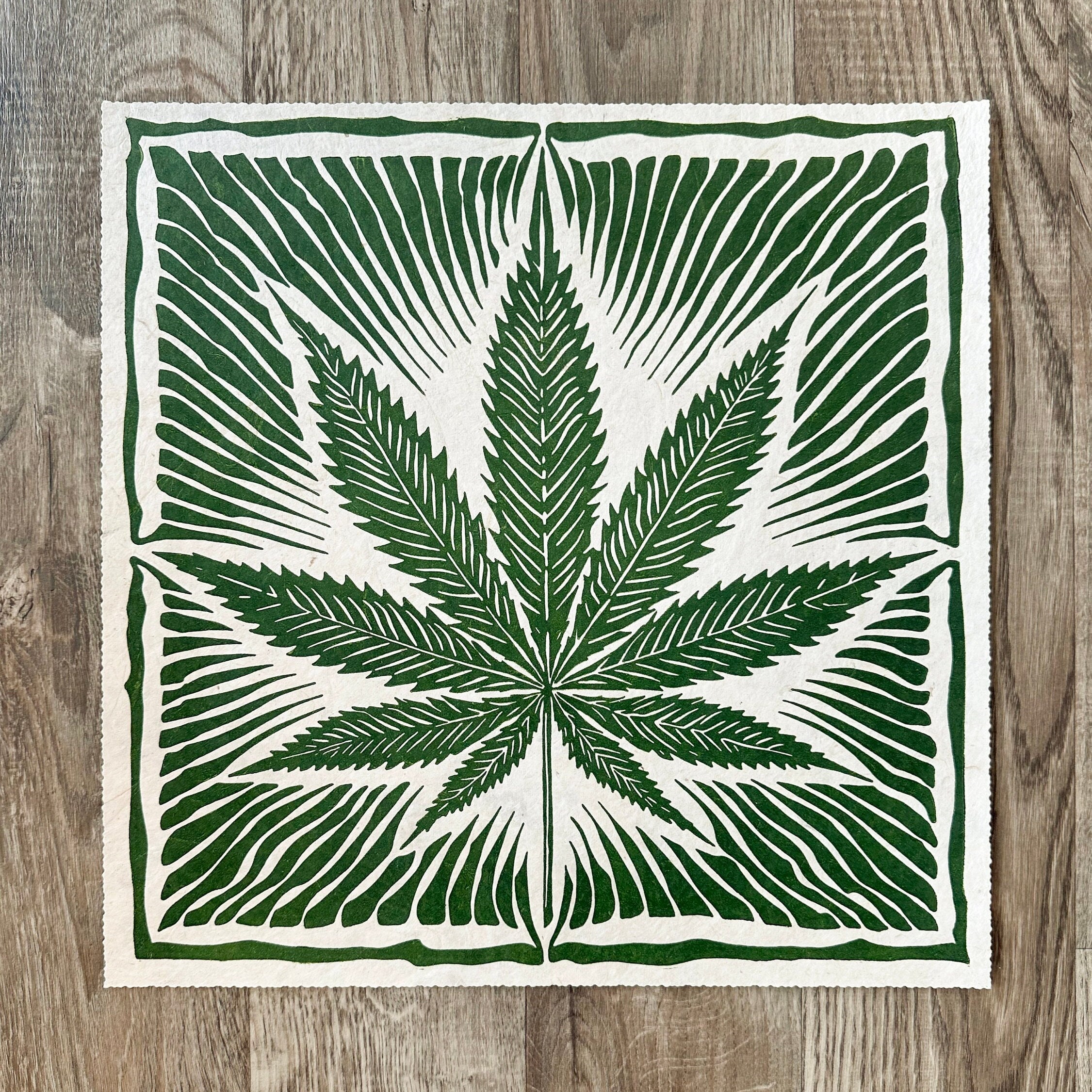 CANNABIS LEAF – 40 × 40 Cm – Marijuana Plant Linocut Print – Green