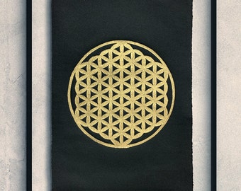 FLOWER OF LIFE ll - Sacred Geometry Linocut Print - Gold/Black