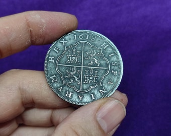 Moneda de 8 reales doblón español tesoros, Spanish doubloon coin treasures, moneda artesanal, fundición de metal, regala a un amigo