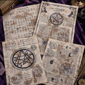 May include: A collection of aged parchment papers with alchemical symbols and handwritten text. The papers feature intricate illustrations of stars, circles, and other esoteric designs in black ink. The overall aesthetic is vintage and mystical.