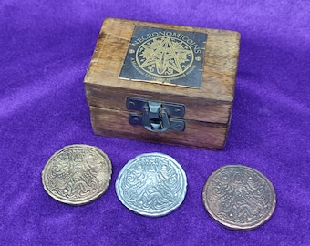 Box 3 Cthulhu, handcrafted coins and box, Necronomicoins, Box 3 Cthulhu, handcrafted coins and box, cthulhu coins, cthulhu coins