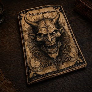 May include: A rectangular book with a weathered, parchment-like cover featuring a detailed black ink illustration of a horned demon face. The text Necronomicon is printed at the top, and Abdul Alhazred is printed at the bottom in a dark font.