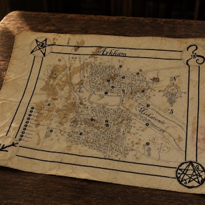 Hand Aged Arkham Map  | Vintage RPG Prop | Lovecraft Inspired City Map | Tabletop RPG Decor | Game Master Gift