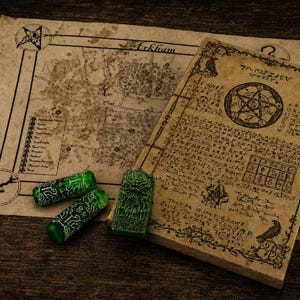 Może przedstawiać: Zniszczona pergaminowa mapa z napisem Arkham, prostokątna księga ze postarzaną okładką z okultystycznymi symbolami i ilustracjami kruków oraz trzy zielone, rzeźbione kamienne artefakty z misternymi wzorami.