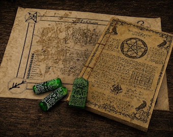 Cthulhu Collector Set – Arkham Map, Handmade Occult Journal, D100 Dice, Cthulhu Idol, Lovecraft Gift