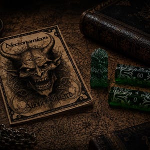 May include: A rectangular book titled Necronomicon with a horned demon illustration on the cover, accompanied by a small green textured figurine and two translucent green cylindrical dice featuring white filigree patterns and numerical markings.