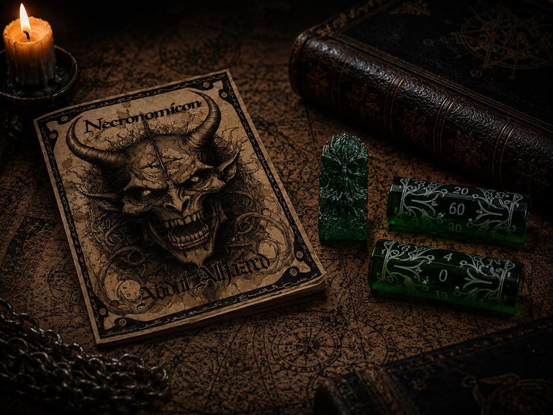 May include: A rectangular book titled Necronomicon with a horned demon illustration on the cover, accompanied by a small green textured figurine and two translucent green cylindrical dice featuring white filigree patterns and numerical markings.