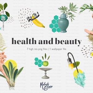 Colagem de saúde e beleza clipart cuidados com a pele bem-estar orgânico downloads para impressão maçã fruta arte design ilustrações png padrão digital