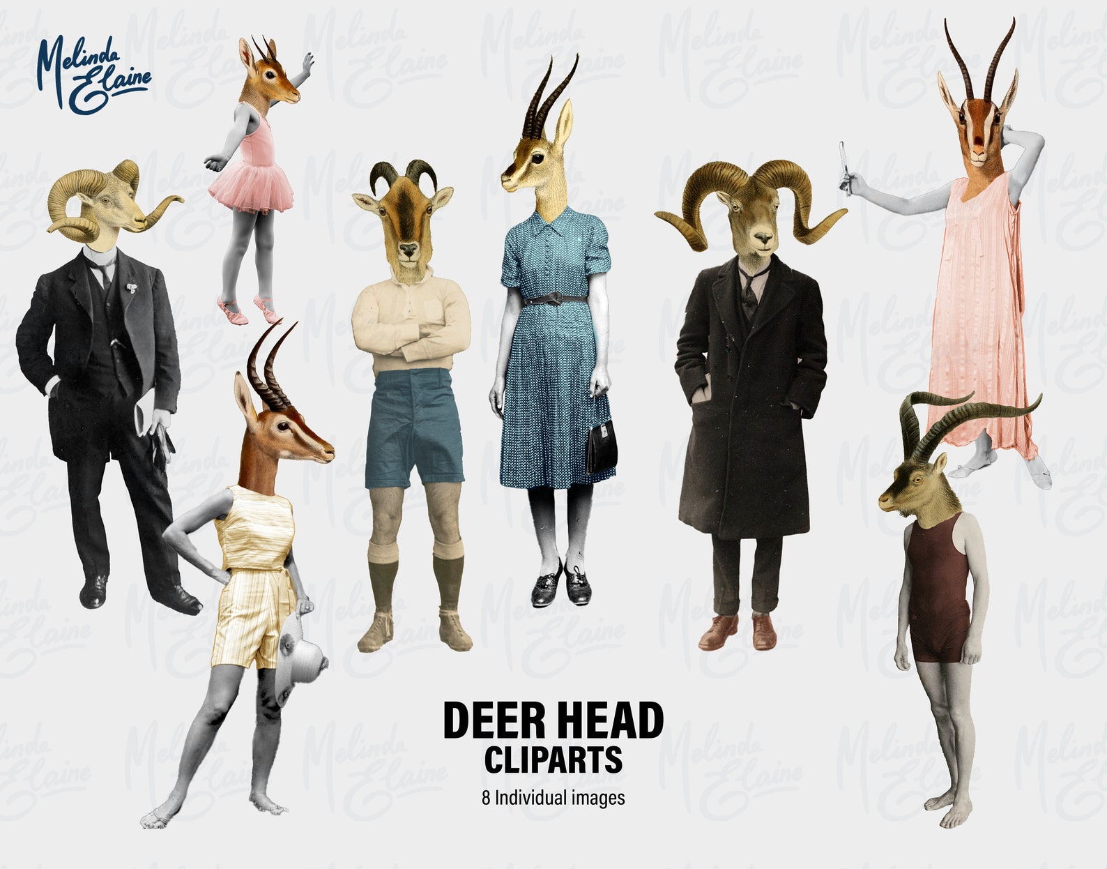 Stag Collage Stag Deer Head People Clipart Bundle Digital Collage Asset Vintage ...