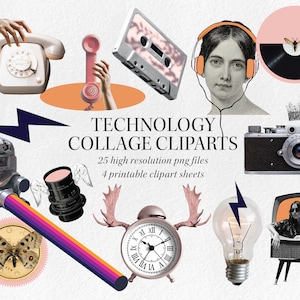 May include: A collection of 25 high-resolution vintage technology clipart images, including a rotary phone, cassette tape, headphones, record player, camera, film projector, lens, alarm clock, light bulb, and television.  The clipart images are perfect for creating digital collages, scrapbooking, and other creative projects.