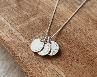 Personalised Sterling Silver Necklace with Two Hand Stamped Disc Pendants, Christmas Gift for Her