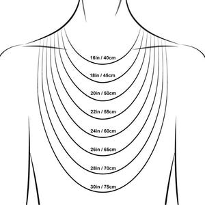 May include: Diagram illustrating necklace lengths, ranging from 16 inches (40cm) to 30 inches (75cm). Each length is marked with both inches and centimeters, providing a visual guide for necklace sizing. The image shows the necklace lengths on a stylized neck and shoulders.
