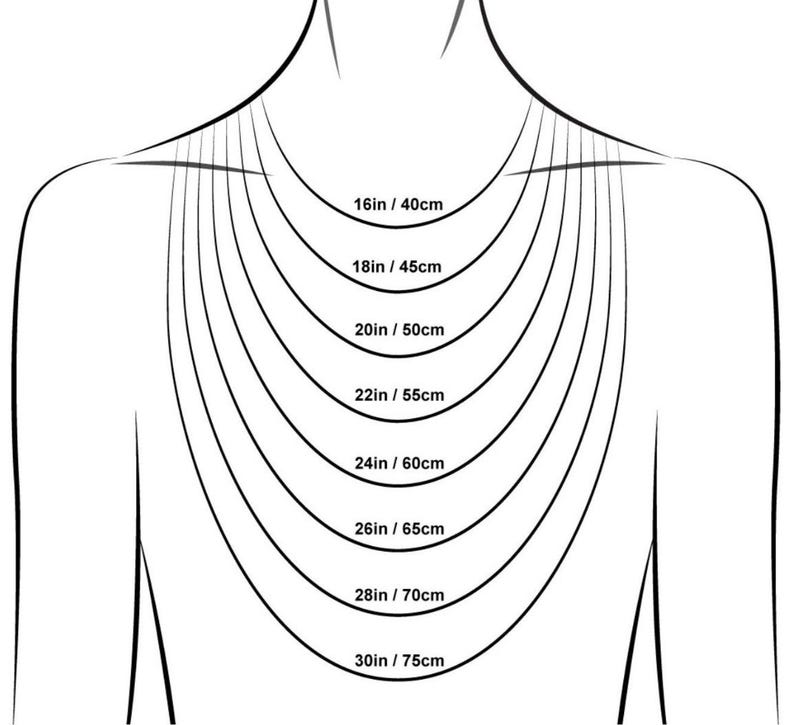 May include: Diagram illustrating necklace lengths, ranging from 16 inches (40cm) to 30 inches (75cm). Each length is marked with both inches and centimeters, providing a visual guide for necklace sizing. The image shows the necklace lengths on a stylized neck and shoulders.