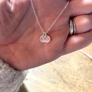 May include: A delicate silver necklace featuring two small, round pendants. Each pendant has a single letter engraved on it. The necklace is displayed on a hand, with a ring visible in the background. The chain is fine and the pendants are close together.