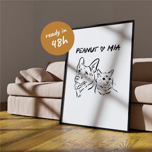Dog Owner Illustration Gift Custom Dog Portrait Cute Pet Drawing Two Pets Portrait Funny Dog Illustration Pets Personalized Cat Wall Art