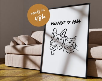 Ilustración de dueño de perro, regalo, retrato de perro personalizado, lindo dibujo de mascota, retrato de dos mascotas, ilustración divertida de perro, mascotas, arte de pared de gato personalizado