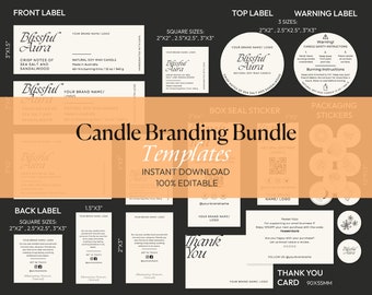 May include: A candle branding bundle template with various label designs. Includes front, top, back, and warning labels, box seal stickers, and thank you cards. The labels feature the text "Blissful Aura" and "Crisp Notes of Sea Salt and Sandalwood."