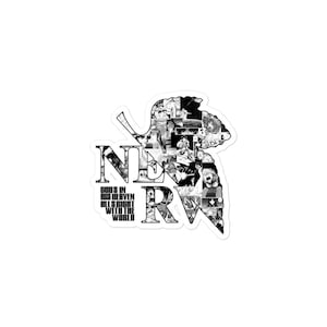 May include: Black and white sticker featuring the NERV logo from the anime series Neon Genesis Evangelion. The logo is a stylized leaf with the letters NERV inside. The text "God's in his heaven all's right with the world" is below the logo.