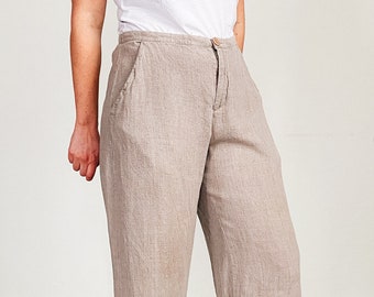 XS S M L 90s linen pants vintage high waisted ecru oatmeal woven linen drawstring elastic waist easy lounge baggy pants