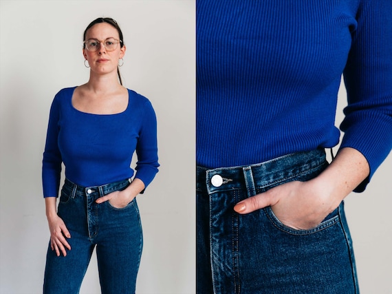 Vintage Ribbed Top - Square Neck Royal Blue Shirt