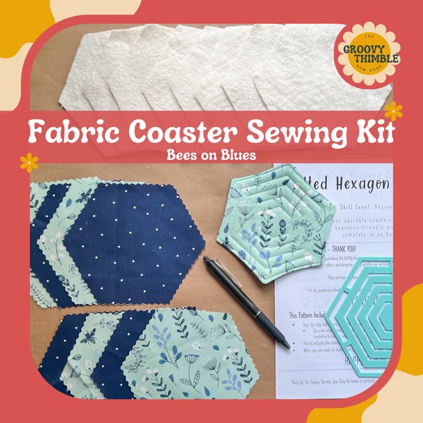 SEWING KIT - Bees on Blues - Quilted Hexagon Coasters - Makes 4 Reversible Coasters - Beginner-Friendly - Learn to Sew - Intro to Quilting