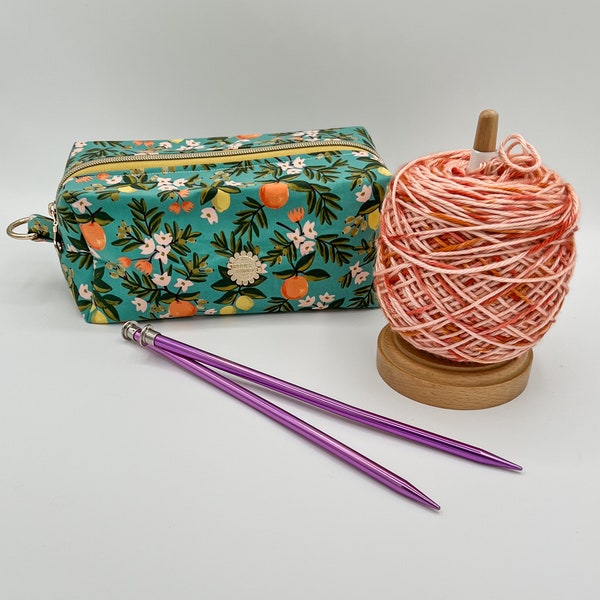 PROJECT BAG | Handmade Zip Boxy Pouch + Removable Wristlet | Knitting, Crochet, Embroidery | Rifle Paper Co. Primavera Citrus Floral Teal