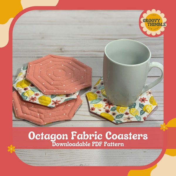 PDF PATTERN + TEMPLATE Easy Quilted Octagon Fabric Coasters Beginner-Friendly