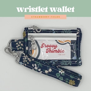 2-POCKET WRISTLET WALLET with Zippered I.D. Window in Rifle Paper Co. Strawberry Fields Hawthorne in Navy | Handmade in Georgia