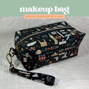 LARGE MAKEUP BAG in Rifle Paper Co. Bon Voyage World Traveler in Black | Handmade in Georgia