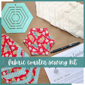 SEWING KIT - Quilted Hexagon Coasters - Makes 4 Reversible Coasters - Beginner (Includes Materials, Written Patterns, 3D-Printed Template)