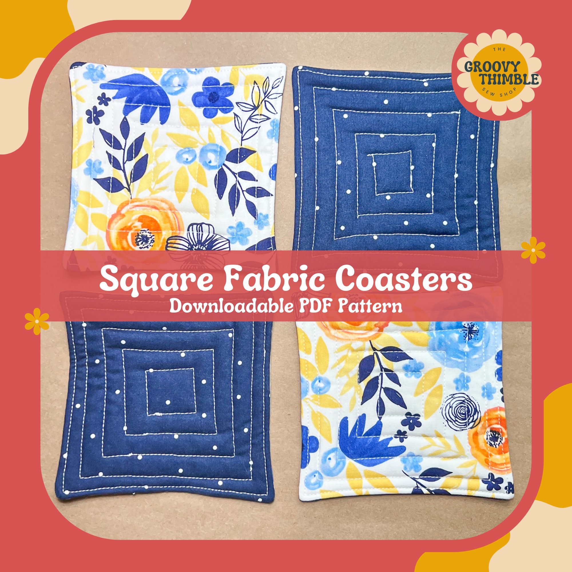 PDF PATTERN TEMPLATE Easy Quilted Square Fabric Coasters Beginner ...