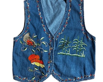 New Directions ~ Large ~ Blue Denim W/ Fall Colors ~ Embroidery ~ Fall/Pumpkin/Floral ~ Vest