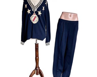 St. John by Marie Gray ~ Women’s Small ~ Navy Blue W/ Sailor (Nautical) Theme ~ Embroidery & Knit Sweater and Pants Set